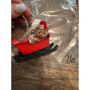 Vintage Russ Berrie & Co Red Metal Sleigh & Bear w/Santa‎ Hat Christmas Ornament